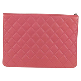 CHANEL Matelasse Clutch Bag Lamb Skin Pink Silver CC Auth 115255A - 0