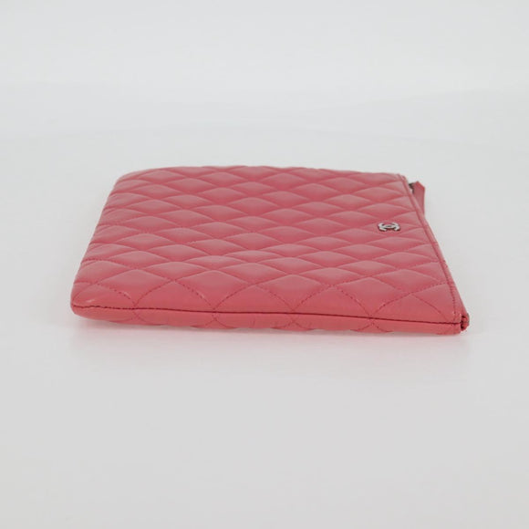 CHANEL Matelasse Clutch Bag Lamb Skin Pink Silver CC Auth 115255A