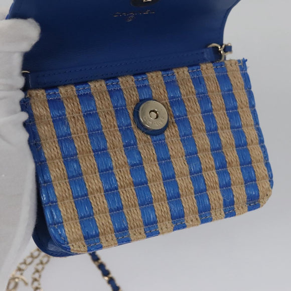 CHANEL Chain Shoulder Bag Raffia Blue CC Auth 115347SAM