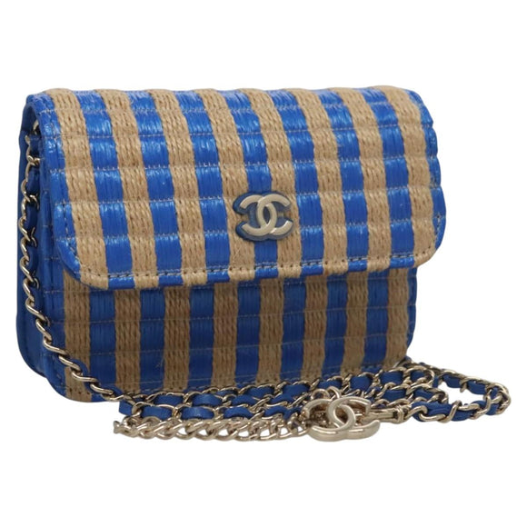 CHANEL Chain Shoulder Bag Raffia Blue CC Auth 115347SAM