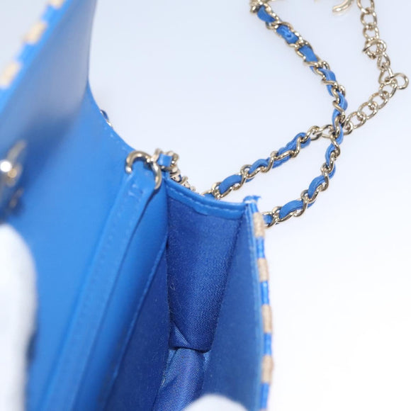 CHANEL Chain Shoulder Bag Raffia Blue CC Auth 115347SAM