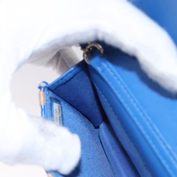 CHANEL Chain Shoulder Bag Raffia Blue CC Auth 115347AM