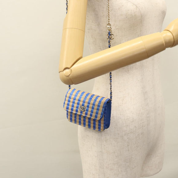 CHANEL Chain Shoulder Bag Raffia Blue CC Auth 115347AM