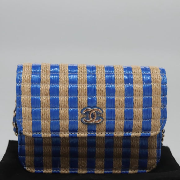 CHANEL Chain Shoulder Bag Raffia Blue CC Auth 115347SAM