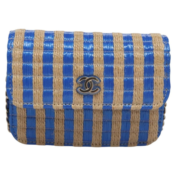 CHANEL Chain Shoulder Bag Raffia Blue CC Auth 115347SAM