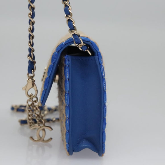 CHANEL Chain Shoulder Bag Raffia Blue CC Auth 115347SAM