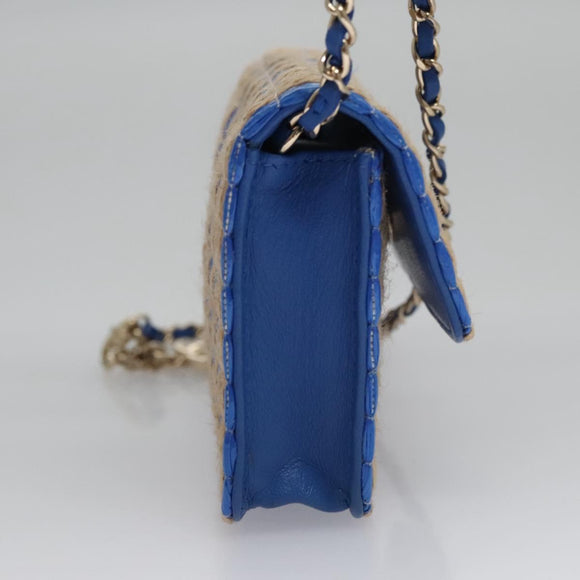 CHANEL Chain Shoulder Bag Raffia Blue CC Auth 115347SAM