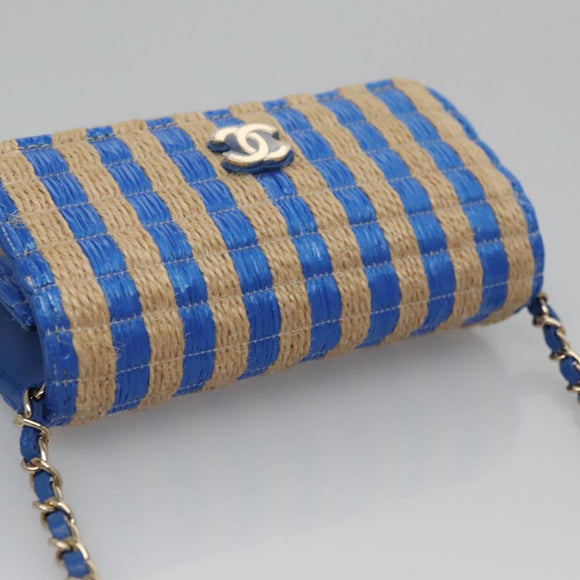 CHANEL Chain Shoulder Bag Raffia Blue CC Auth 115347SAM