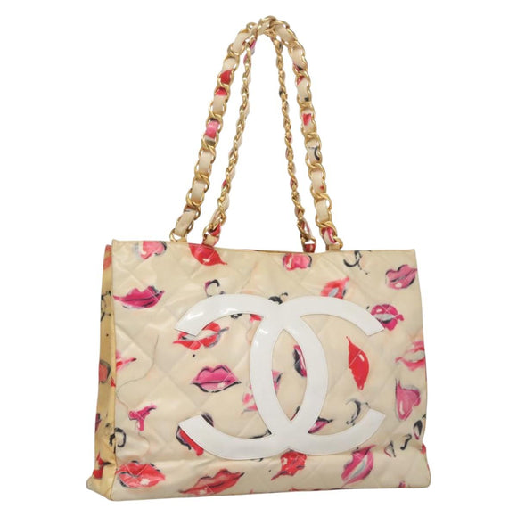 CHANEL Matelasse Chain Lip Tote Bag Enamel Beige CC Auth 115470A
