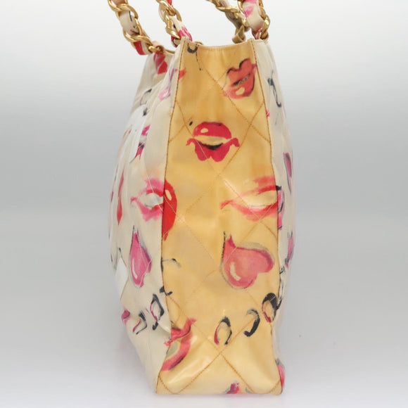 CHANEL Matelasse Chain Lip Tote Bag Enamel Beige CC Auth 115470A