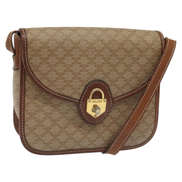 CELINE Macadam Canvas Shoulder Bag PVC Leather Beige Brown gold Auth 115531