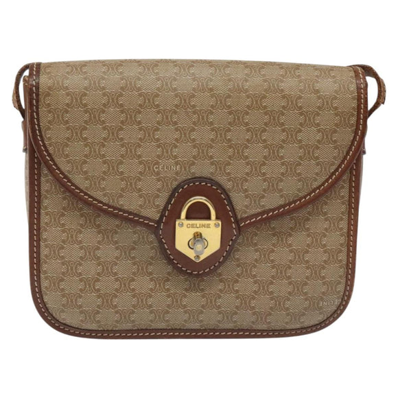 CELINE Macadam Canvas Shoulder Bag PVC Leather Beige Brown gold Auth 115531