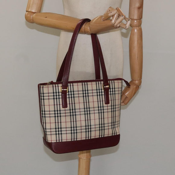 BURBERRY Nova Check Tote Bag Canvas Leather Beige Red gold Auth 115569
