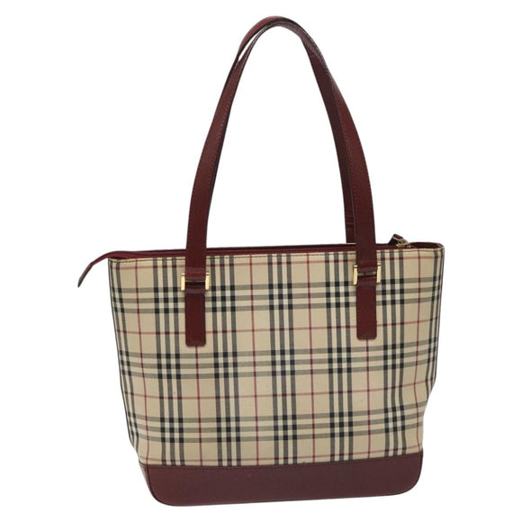 BURBERRY Nova Check Tote Bag Canvas Leather Beige Red gold Auth 115569