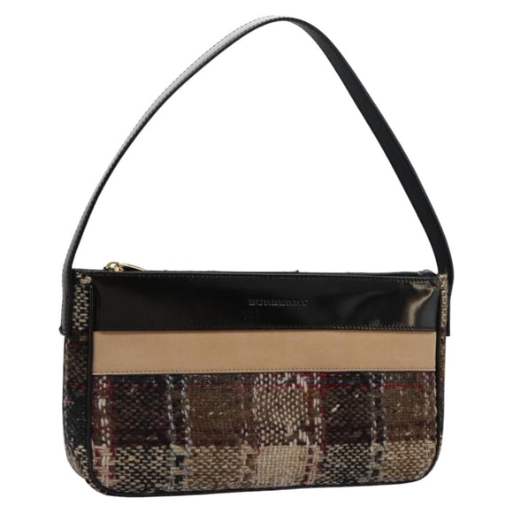 BURBERRY Nova Check Shoulder Bag Wool Suede Leather Beige Black gold Auth 115571