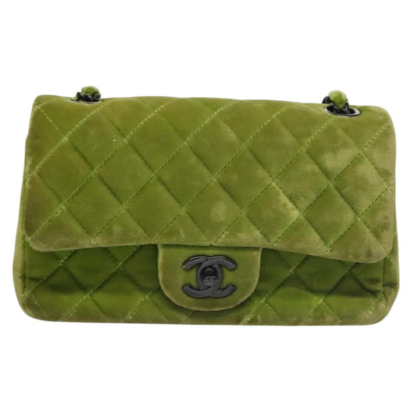 CHANEL Mini Matelasse 20 Single Flap Chain Bag Velor Green CC Auth 115601A