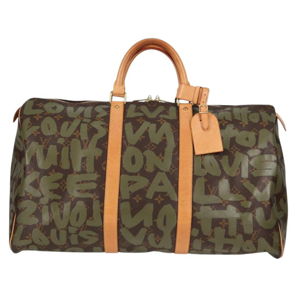 LOUIS VUITTON Monogram Graffiti Keepall 50 Boston Bag Khaki M92196 Auth 115621AM