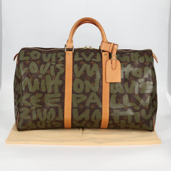 LOUIS VUITTON Monogram Graffiti Keepall 50 Boston Bag Khaki M92196 Auth 115621AM