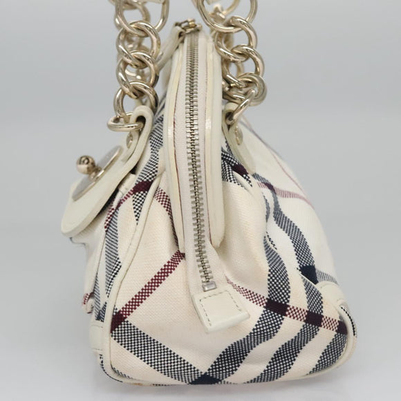 BURBERRY Nova Check Blue Label Hand Bag Canvas Leather Gold White Auth 115844