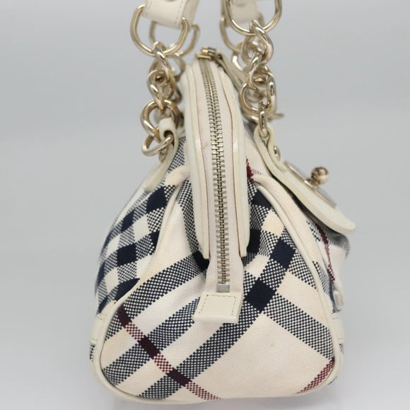BURBERRY Nova Check Blue Label Hand Bag Canvas Leather Gold White Auth 115844