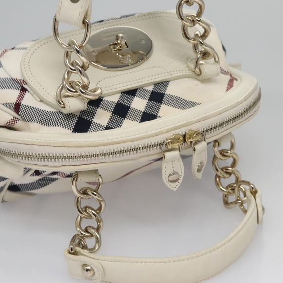 BURBERRY Nova Check Blue Label Hand Bag Canvas Leather Gold White Auth 115844