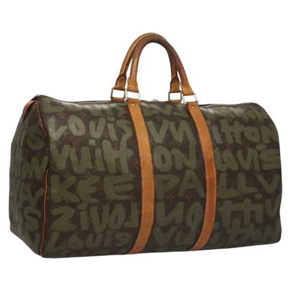 LOUIS VUITTON Monogram Graffiti Keepall 50 Boston Bag Khaki M92196 Auth 115992
