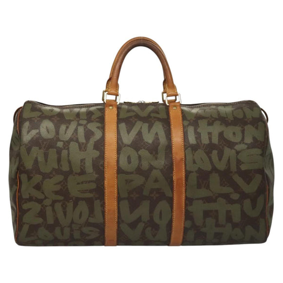 LOUIS VUITTON Monogram Graffiti Keepall 50 Boston Bag Khaki M92196 Auth 115992