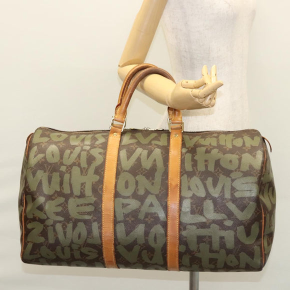 LOUIS VUITTON Monogram Graffiti Keepall 50 Boston Bag Khaki M92196 Auth 115992