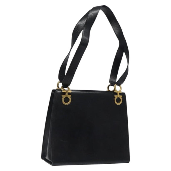 Salvatore Ferragamo Gancini Shoulder Bag Leather Black Gold Auth 116063