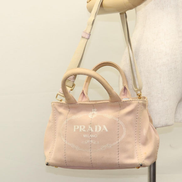 PRADA Canapa PM Hand Bag Canvas 2way Pink Gold Auth 116103