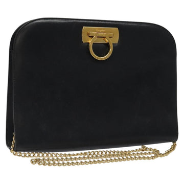 Salvatore Ferragamo Gancini Chain Shoulder Bag Leather Black Gold Auth 116128