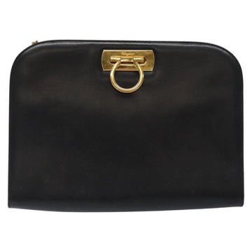 Salvatore Ferragamo Gancini Chain Shoulder Bag Leather Black Gold Auth 116128 - 0