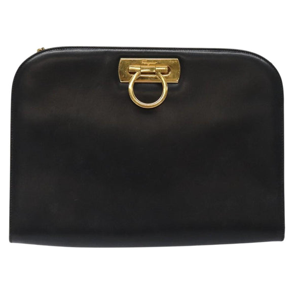 Salvatore Ferragamo Gancini Chain Shoulder Bag Leather Black Gold Auth 116128