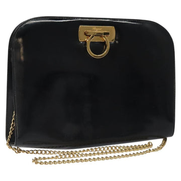 Salvatore Ferragamo Gancini Chain Shoulder Bag Patent Black Gold Auth 116139
