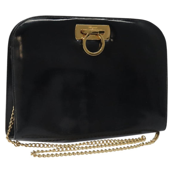 Salvatore Ferragamo Gancini Chain Shoulder Bag Patent Black Gold Auth 116139