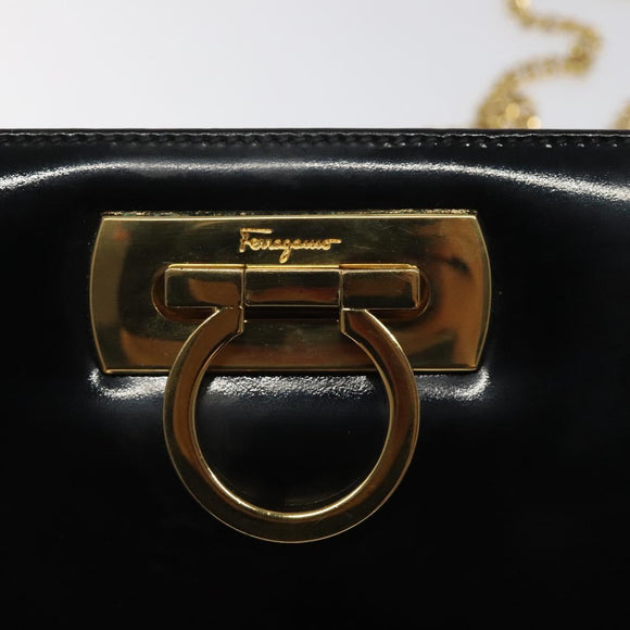 Salvatore Ferragamo Gancini Chain Shoulder Bag Patent Black Gold Auth 116139