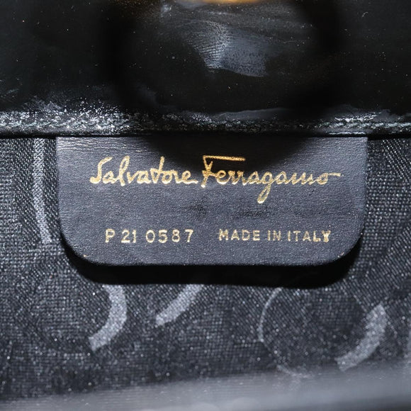 Salvatore Ferragamo Gancini Chain Shoulder Bag Patent Black Gold Auth 116139