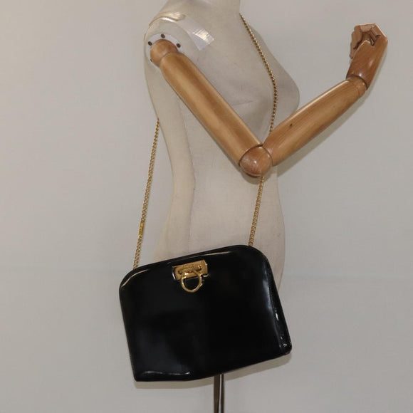 Salvatore Ferragamo Gancini Chain Shoulder Bag Patent Black Gold Auth 116139