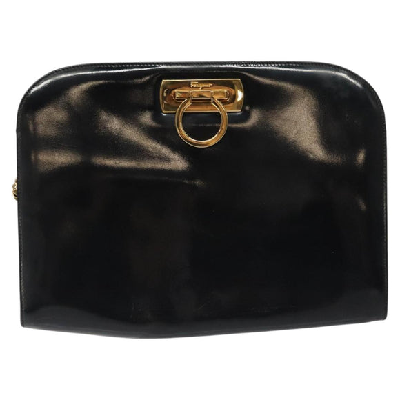 Salvatore Ferragamo Gancini Chain Shoulder Bag Patent Black Gold Auth 116139