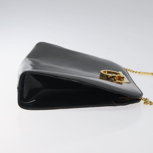 Salvatore Ferragamo Gancini Chain Shoulder Bag Patent Black Gold Auth 116139