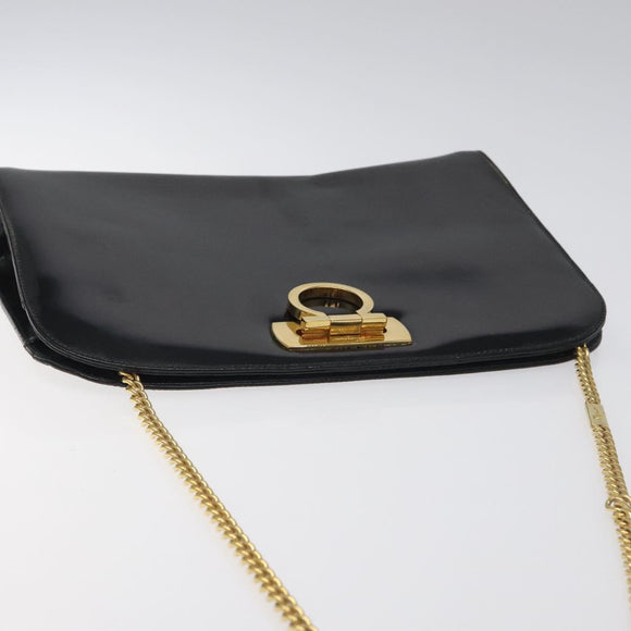 Salvatore Ferragamo Gancini Chain Shoulder Bag Patent Black Gold Auth 116139