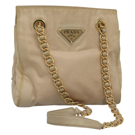 PRADA Chain Shoulder Bag Nylon Beige Gold Auth 116146