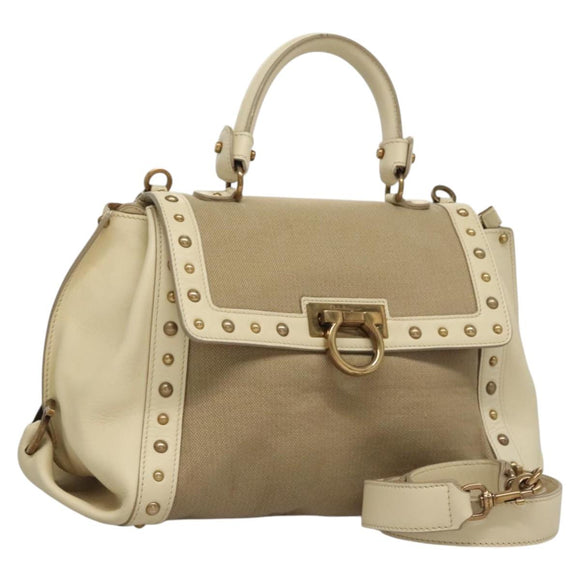 Salvatore Ferragamo Gancini Hand Bag Canvas Leather 2way Beige Gold Auth 116212