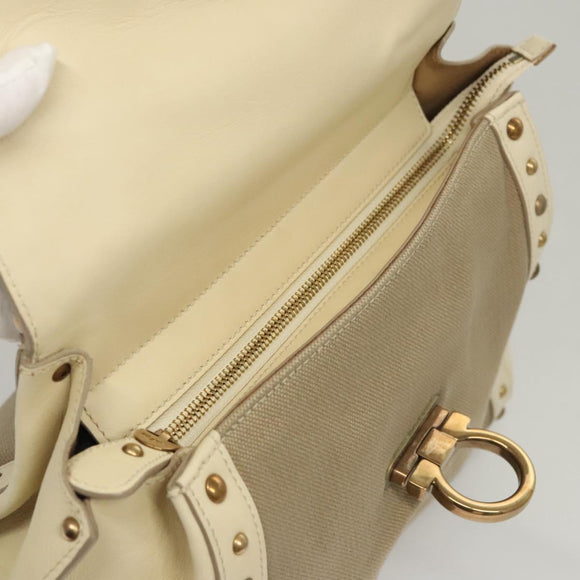 Salvatore Ferragamo Gancini Hand Bag Canvas Leather 2way Beige Gold Auth 116212