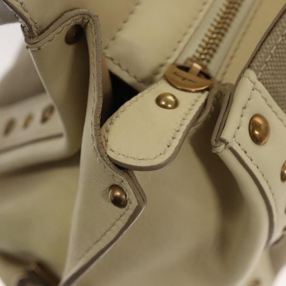 Salvatore Ferragamo Gancini Hand Bag Canvas Leather 2way Beige Gold Auth 116212