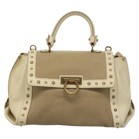 Salvatore Ferragamo Gancini Hand Bag Canvas Leather 2way Beige Gold Auth 116212