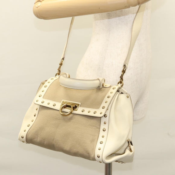 Salvatore Ferragamo Gancini Hand Bag Canvas Leather 2way Beige Gold Auth 116212