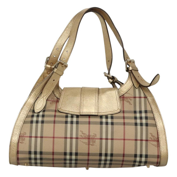 BURBERRY Nova Check Shoulder Bag PVC Beige Gold Auth 116233