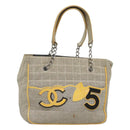 CHANEL Choco Bar Tote Bag Canvas Beige Yellow CC Auth 116301-1