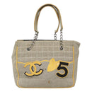 CHANEL Choco Bar Tote Bag Canvas Beige Yellow CC Auth 116301-13